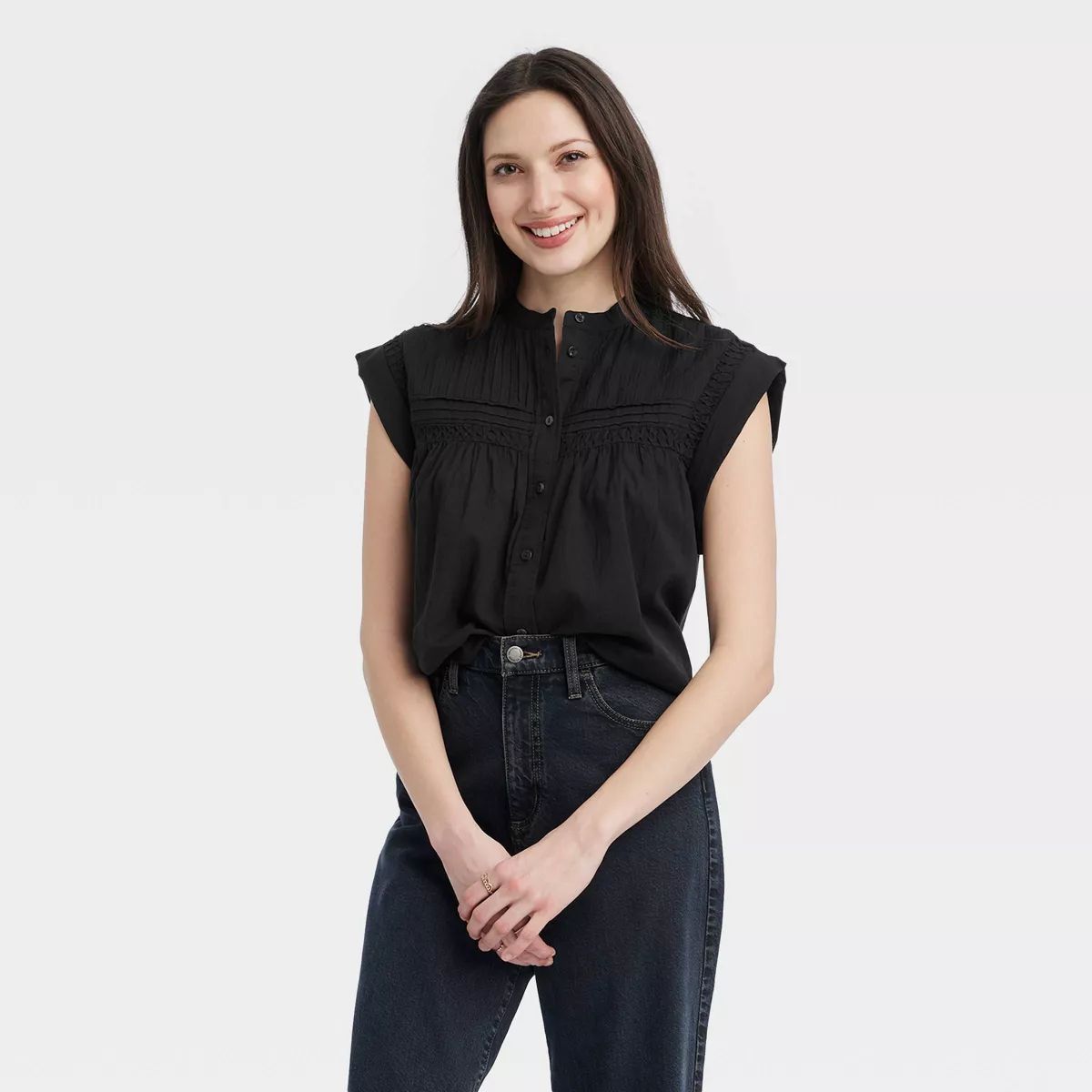 Women's Short Sleeve Pintuck Blouse - Universal Thread™ Black L | Target