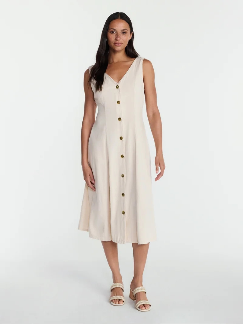 Time and Tru Women's Sleeveless Button Down Linen Blend Dress, Sizes XS-XXXL | Walmart (US)