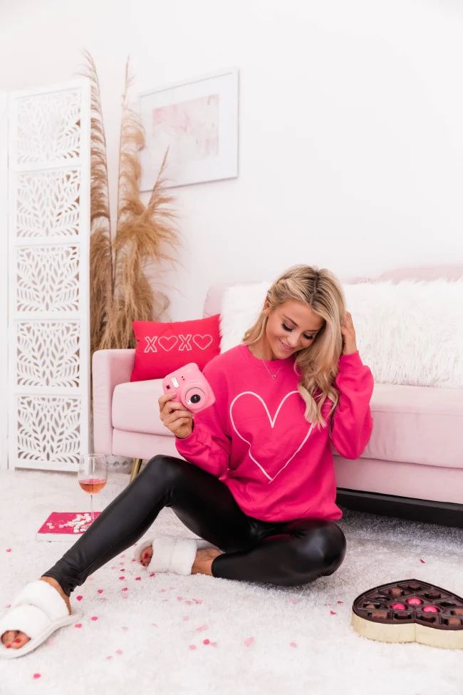 Heart Outline Hot Pink Graphic Sweatshirt | The Pink Lily Boutique