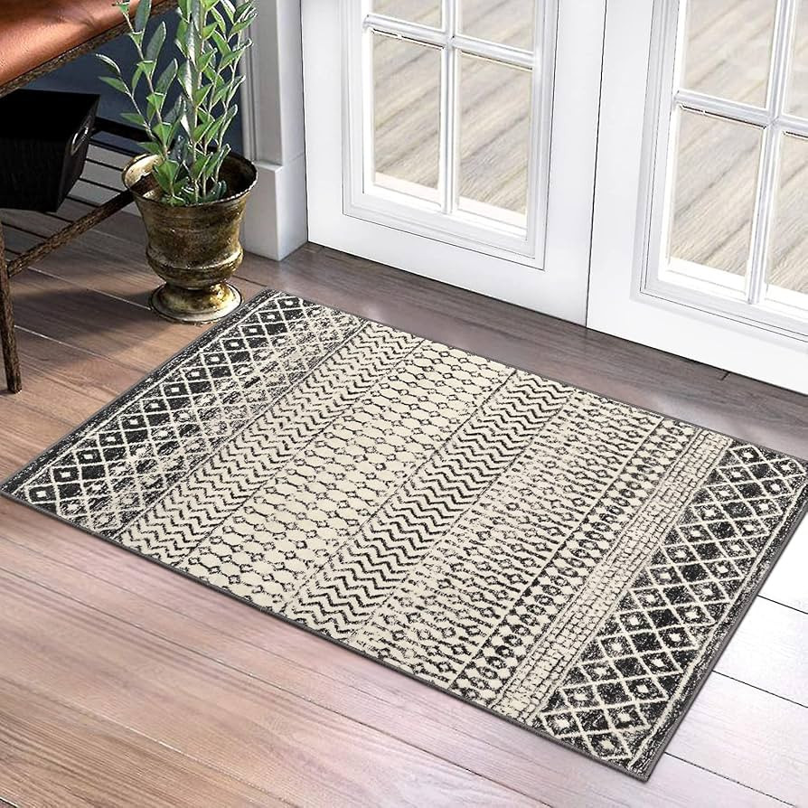 Nailttos Moroccan Area Rug, 2x3 Black Distressed Entryway Rug Non-Slip Small Rug, Soft Low-Pile W... | Amazon (US)