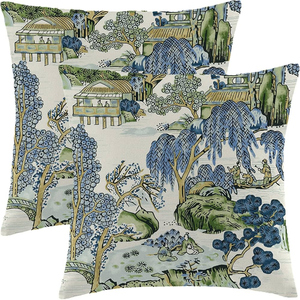 Chinoiserie Pillow Covers 20x20 Inch Set of 2, Asian Scenic Blue and Kelly Green Throw Pillows Fa... | Amazon (US)
