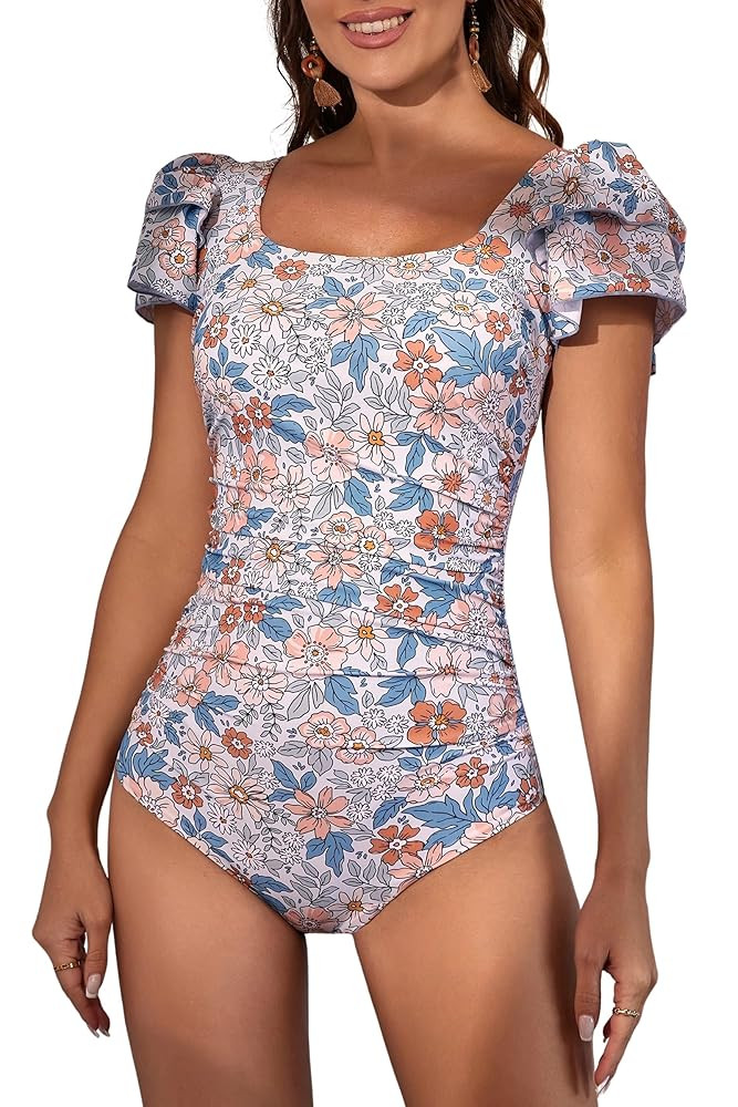 Eomenie Women's Tummy Control One Piece Swimsuit Ruffle Square Neck Bathing Suit Ruched Cutout Ba... | Amazon (US)