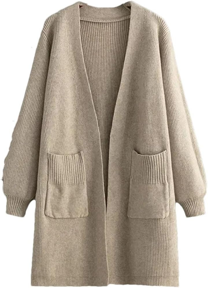 Women's Knitwear V-Neck Thickened Pockets Loose Mid-Length Knitted Cardigan Sweater | Amazon (US)