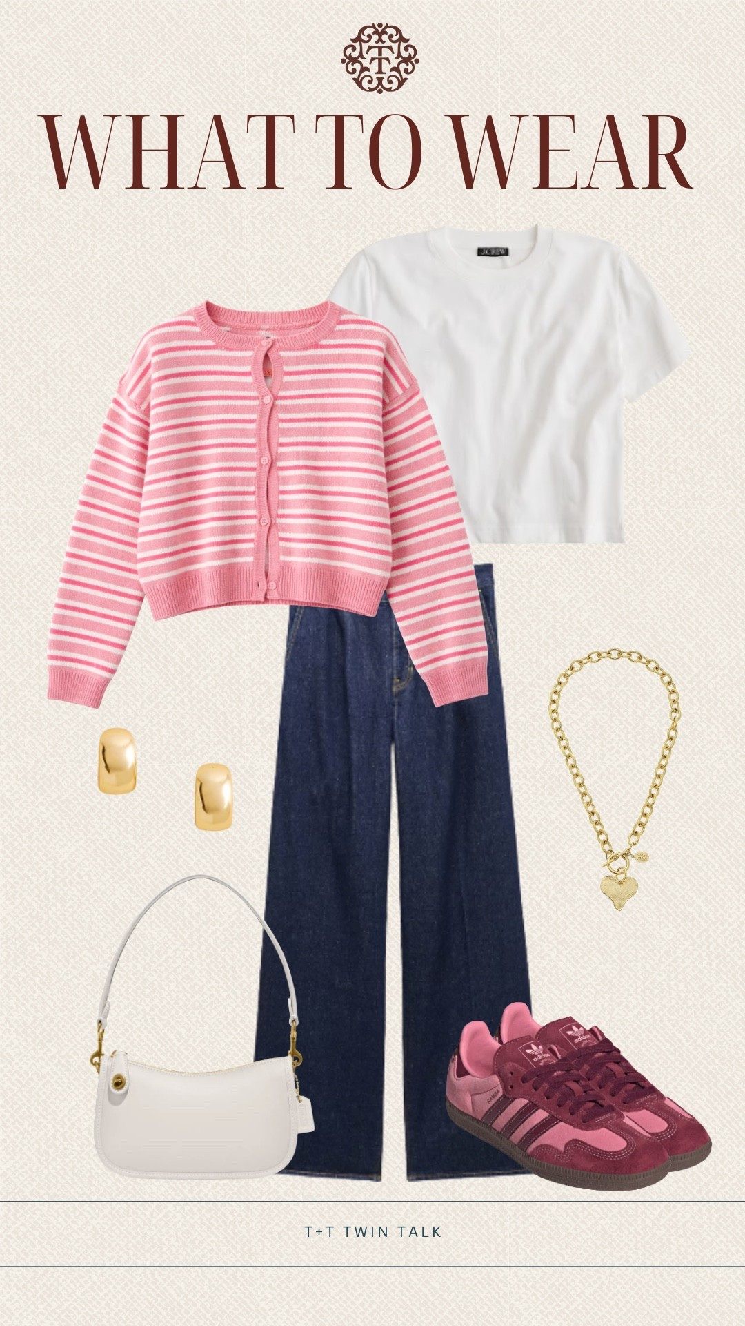 T+T, what to wear! We are loving this look for a casual Valentine’s Day outfit! The striped pink cardigan paired with dark wash denim and these cool sneakers is such a fun look! Accessorize with gold jewelry and a simple white purse to complete the look! 

#LTKOver40 #LTKSeasonal #LTKValentine