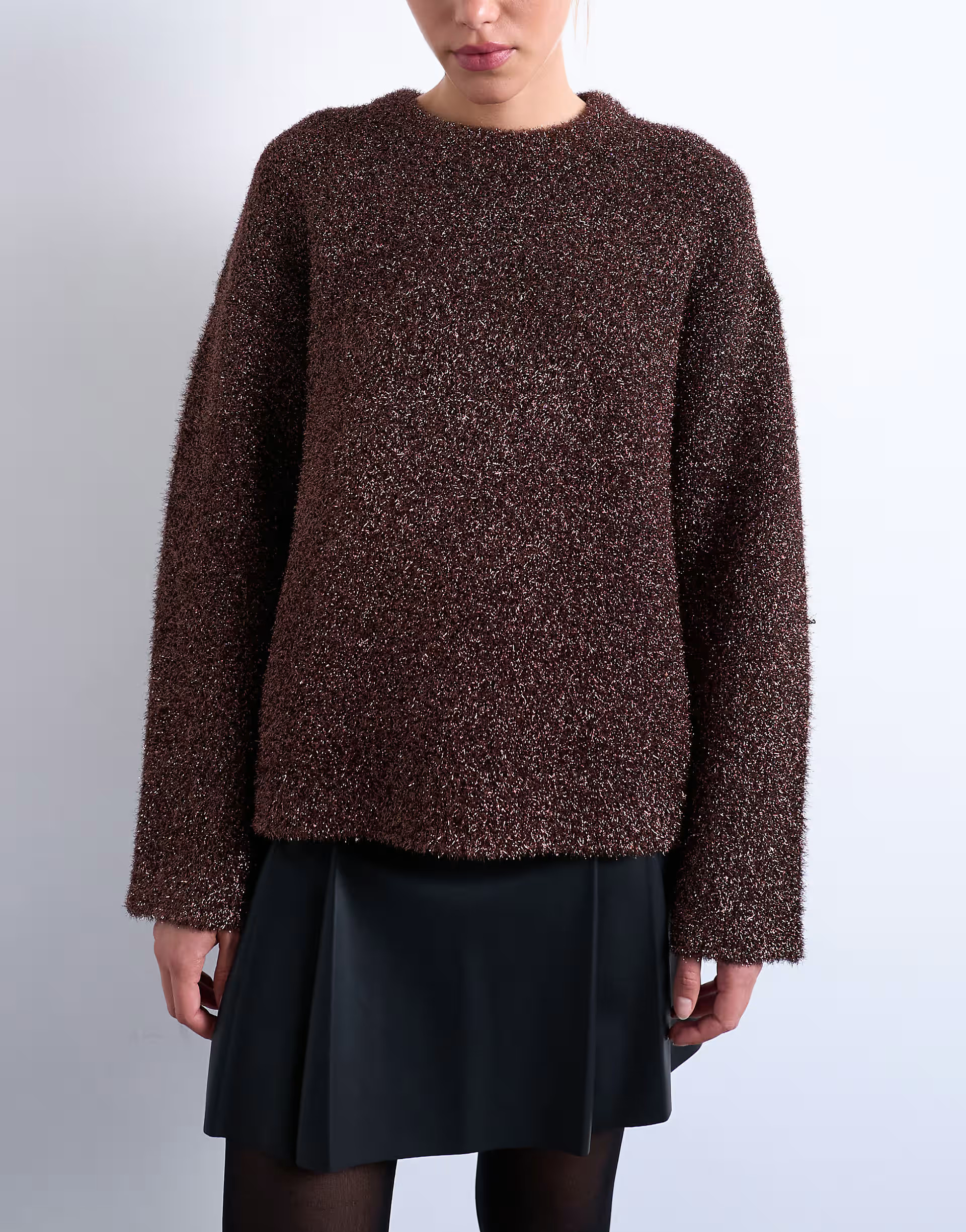 Knitted oversized tinsel wide sleeve jumper in brown | Topshop