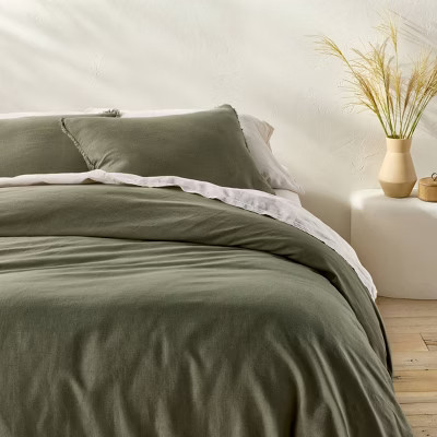 Full/Queen Heavyweight Linen Blend Duvet Cover and Sham Set Olive Green - Casaluna™ | Target