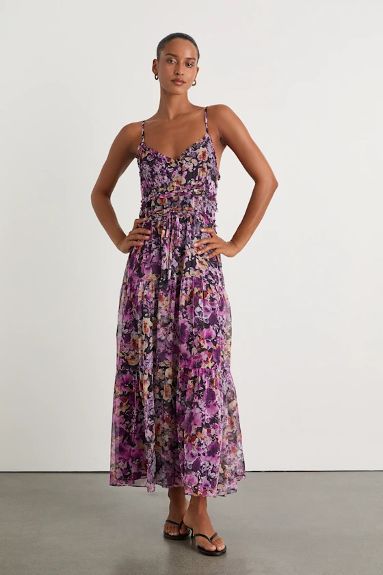 Dayah Purple Floral Ruffled Tiered Midi Dress | Lulus