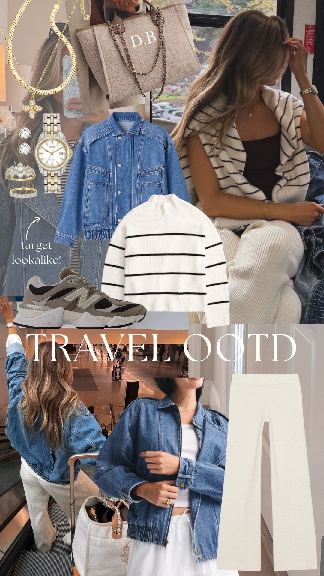 travel day outfit ✈️🤍
cozy knits, classic denim, and neutral layers — my go-to combo for long travel days. this striped sweater + ribbed set are the definition of comfy chic. paired with sneakers and a roomy tote that holds everything 🧳✨

travel outfit, travel day look, airport outfit inspo, neutral outfit, cozy travel set, striped sweater, denim jacket outfit, comfy airport outfit, fall travel style, capsule wardrobe essentials

#LTKTravel #LTKFindsUnder100 #LTKStyleTip