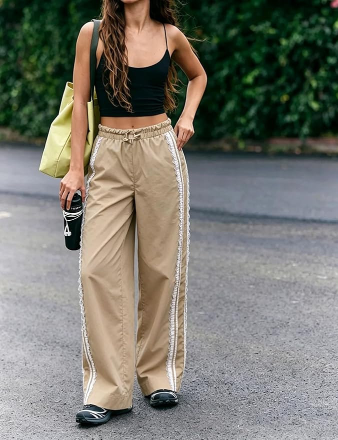 MINSURE Women's Baggy Wide Leg Track Pants Lace Side Stripe Elastic Waist Drawstring Hiking Pants... | Amazon (US)