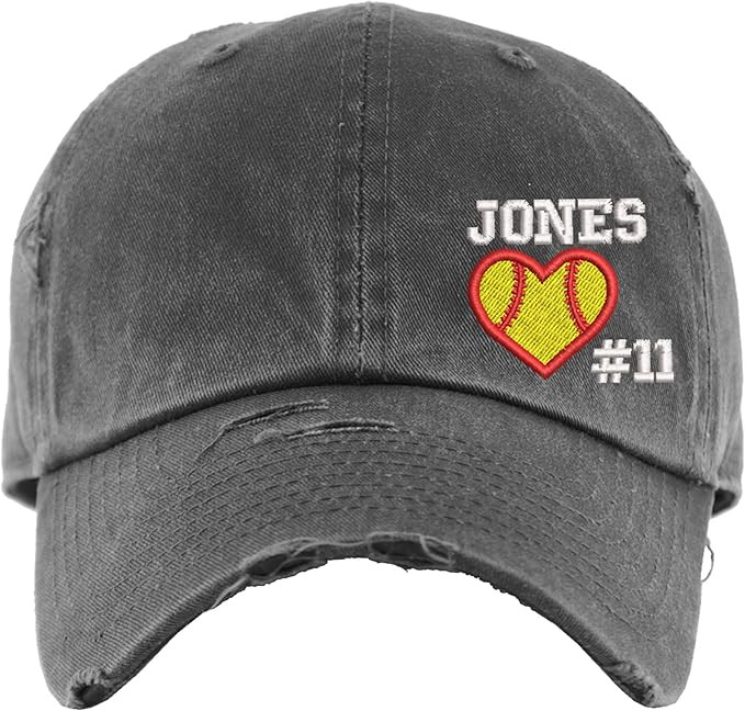 Softball Heart Hat w/Custom Name and/or Number | DISTRESSED Baseball Cap OR Ponytail Hat | Person... | Amazon (US)