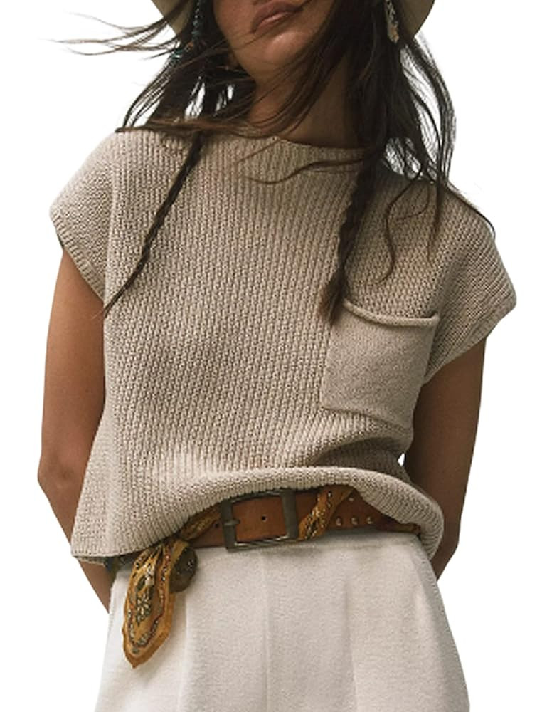 UANEO Sweater Vest Women Mock Neck Casual Cropped Knit Pullover Cap Sleeve Sweater for Women Top ... | Amazon (US)