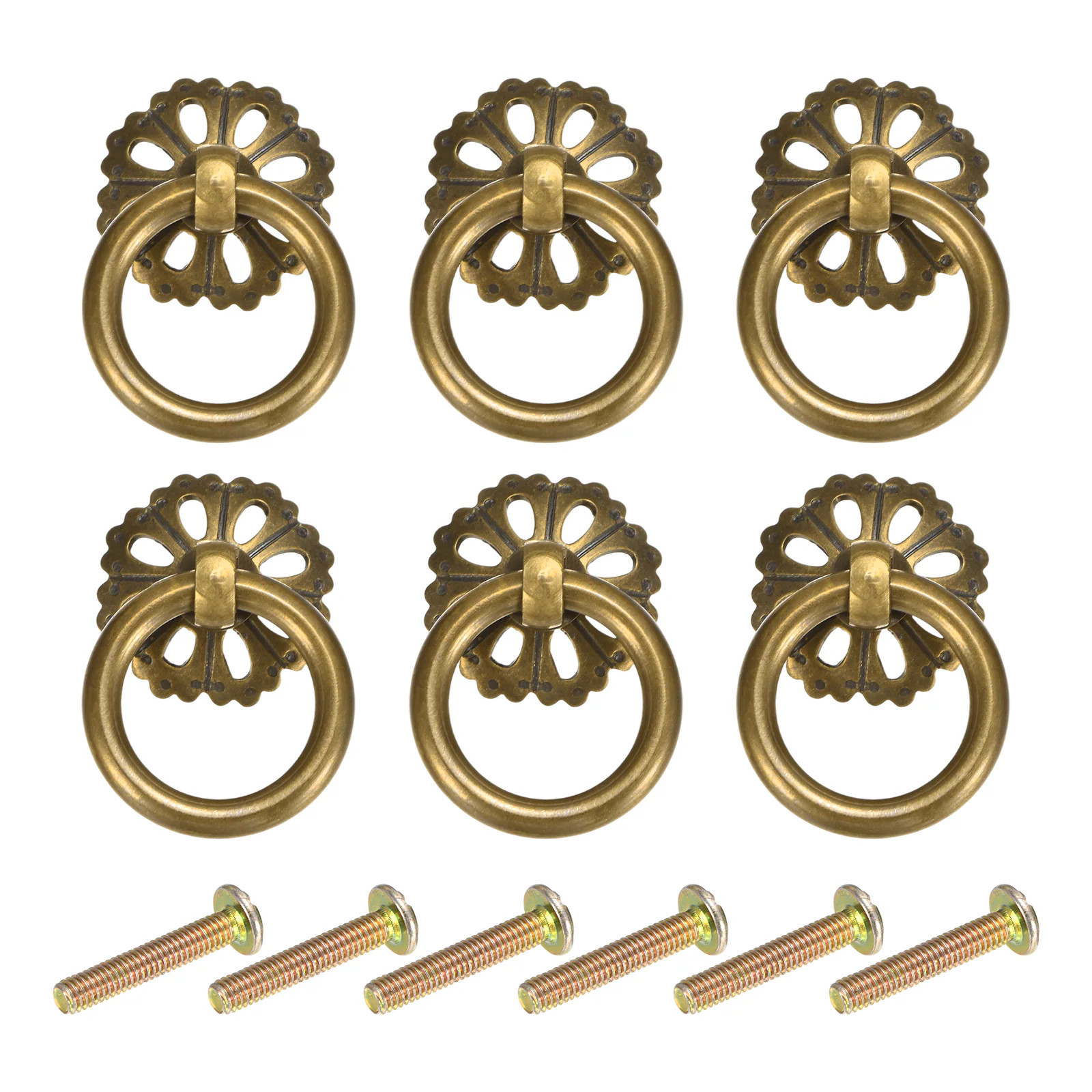 Unique Bargains 6pcs 1.18inch Brass Drawer Pulls and Knobs Vintage Ring Drawer Pulls with Screws for Cabinet Dresser Closet Cupboard Hollow Flower | Lowe's