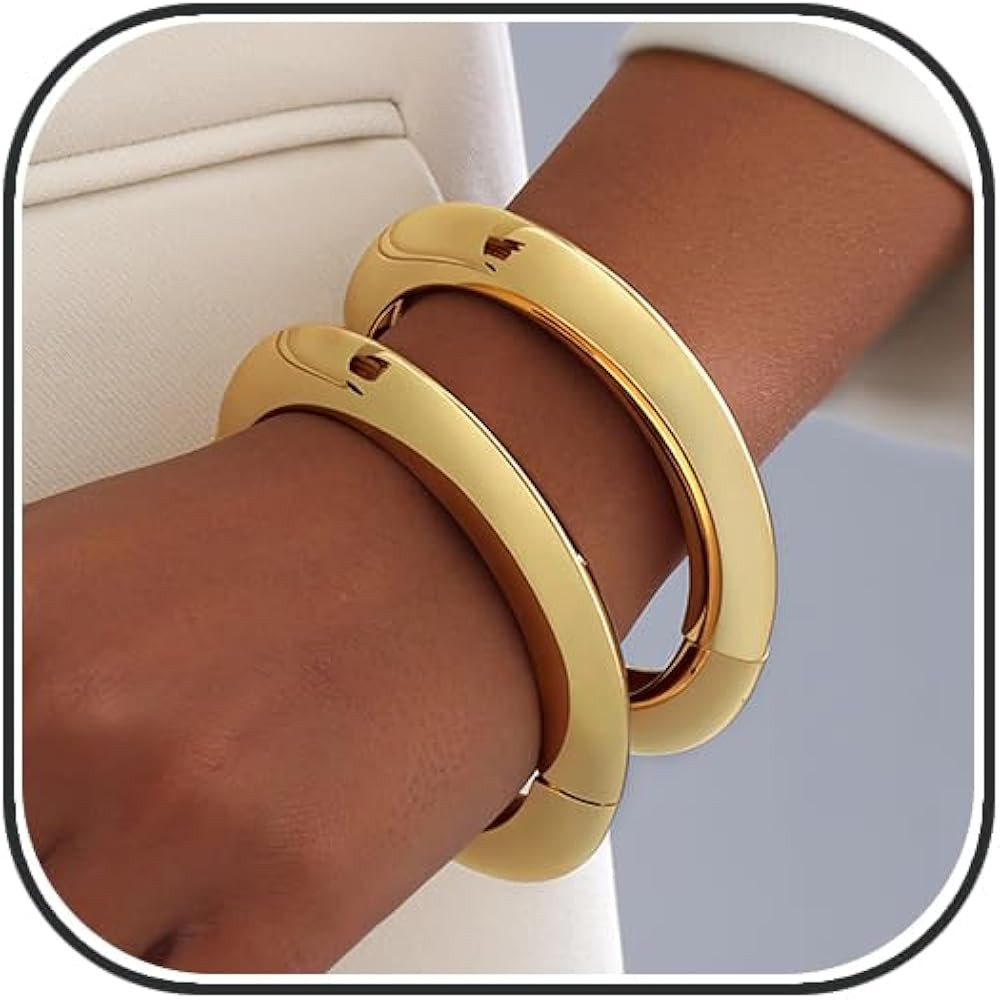 2pcs Gold Bangle Bracelets for Women, Trendy Hinged Cuff Open Wide Chunky Gold Bracelet Stack Arm... | Amazon (US)