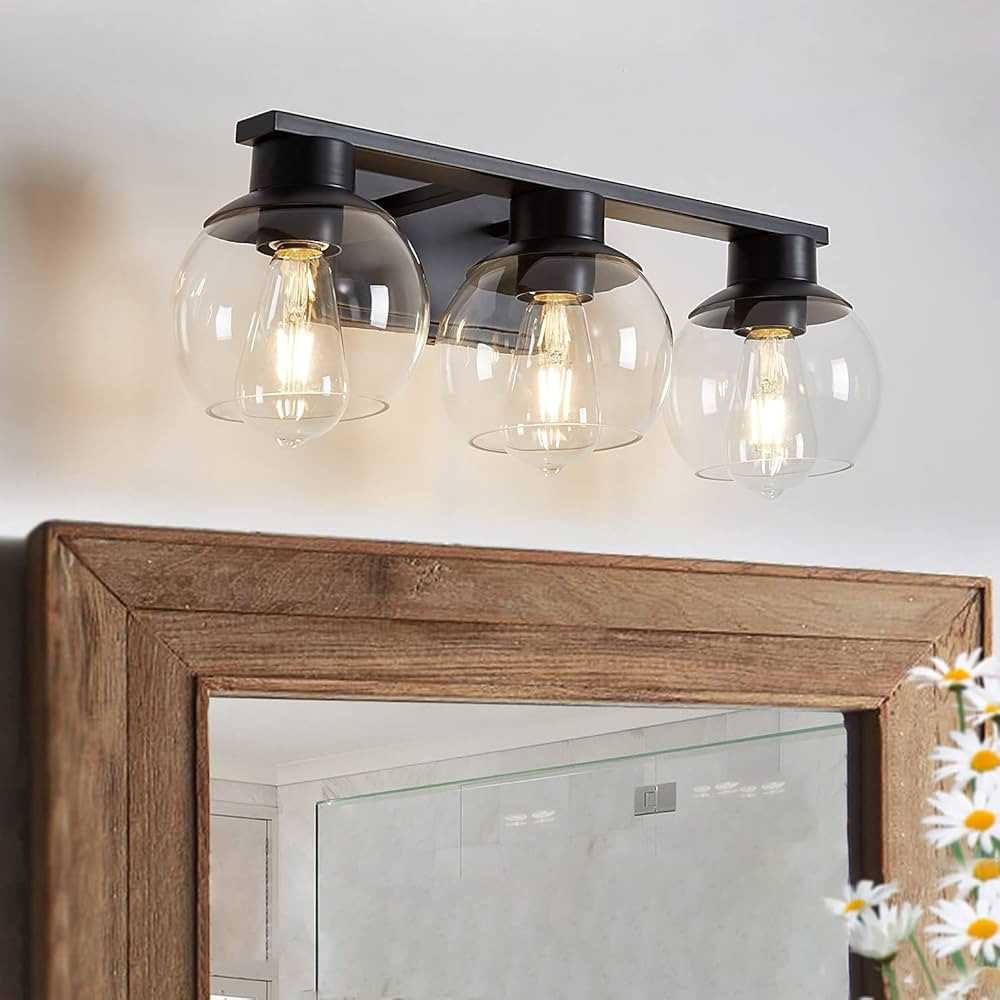PAZALA 3 Light Black Vanity Lights for Bathroom Light Fixtures Over Mirror Modern 22 in Globe Gla... | Amazon (US)