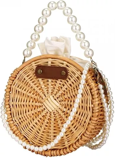 Natural Hand-Woven Rectangular Wicker Handbag Basket Purse Retro Summer Women