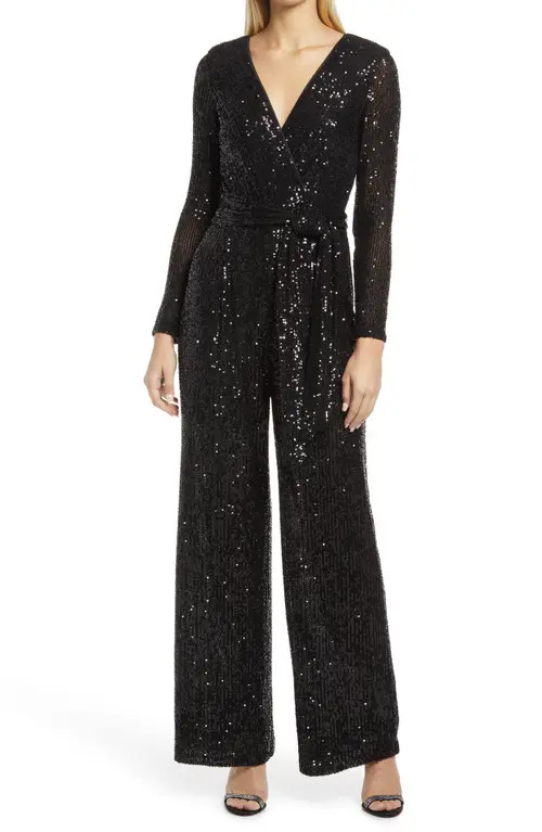Eliza J Long Sleeve Sequin Jumpsuit in Black at Nordstrom, Size 10 | Nordstrom