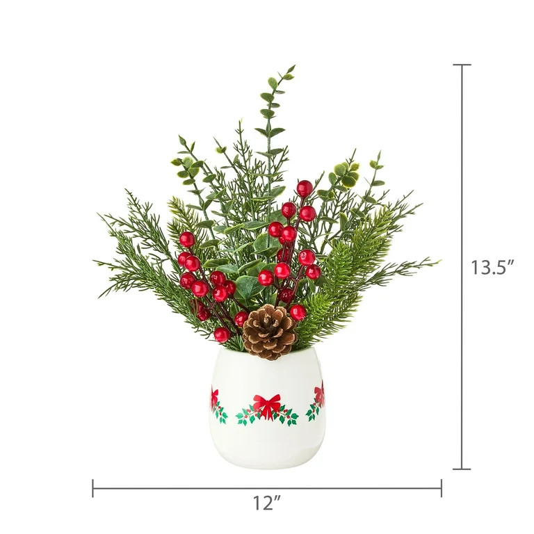 Artificial Plants and Berries in White Ceramic Pot Christmas Decoration, 13.5", by Holiday Time | Walmart (US)