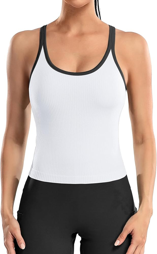 ATTRACO Women Ribbed Workout Crop Tops with Built in Bra Yoga Racerback Tank Top Tight Fit | Amazon (US)