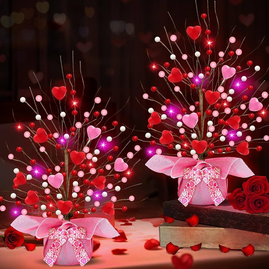 Valentines Day Decorations, Timer 2 Pack 18 Inch Lighted Valentines Tree Table Decor with 20 Red&... | Amazon (US)