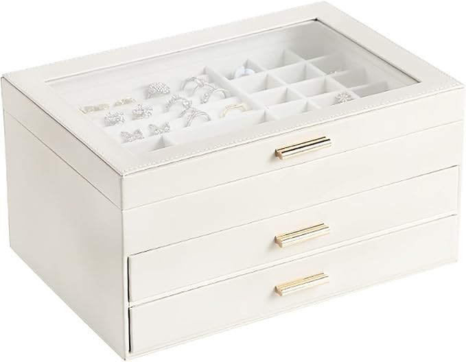 AOSIFIEL Jewelry Box 3-Layer with Clear Acrylic Lid Jewelry Organizers Faux Leather for Women Tee... | Amazon (US)