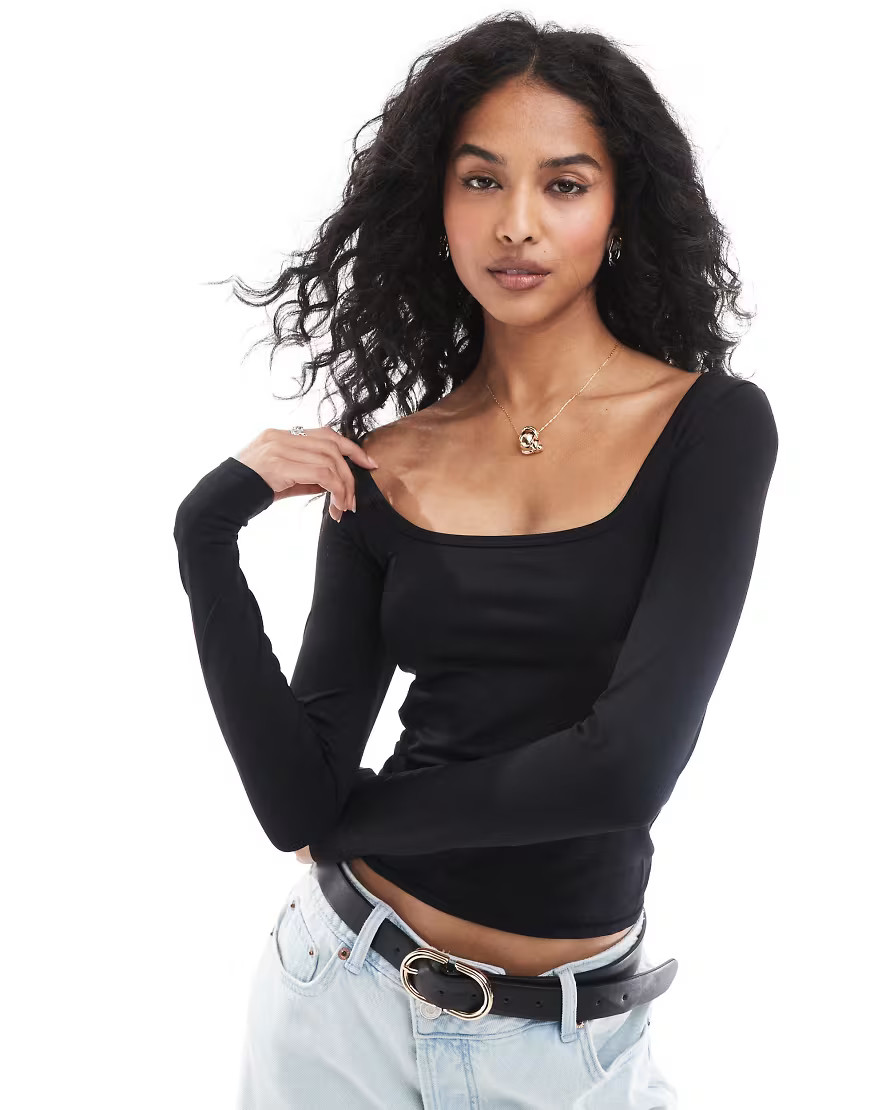Stradivarius STR square neck long sleeve top in black | ASOS (Global)