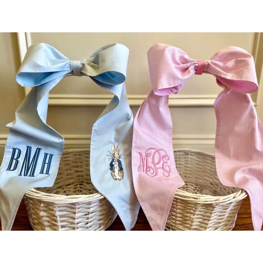 Monogrammed Seersucker Easter Basket Bow, Bunny Baskets Bow with Name or Monogram, Personalized E... | Etsy (US)