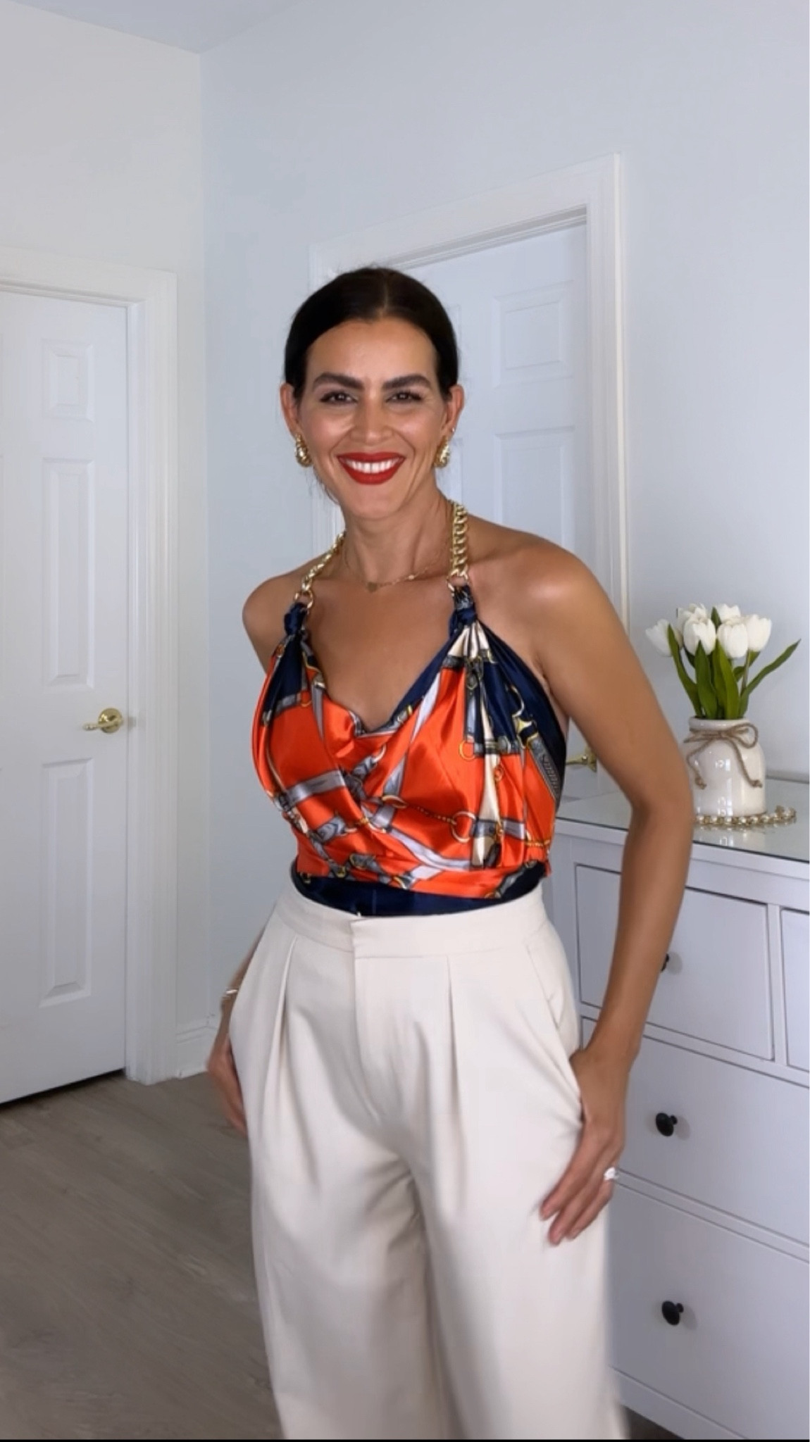 Easy top with a scarf! Scarf is 35” . Using a chain purse strap as a necklace. Adding different sizes and necklaces. Long bra runs small in waist. I size up to a 36b usually a 34b. 
Adding similar pants. And scarf. 
Lipstick is feels so grand from Mac. 

 I am 5’7” | 126 pounds 

#LTKstyletip #LTKxSephora

#LTKU