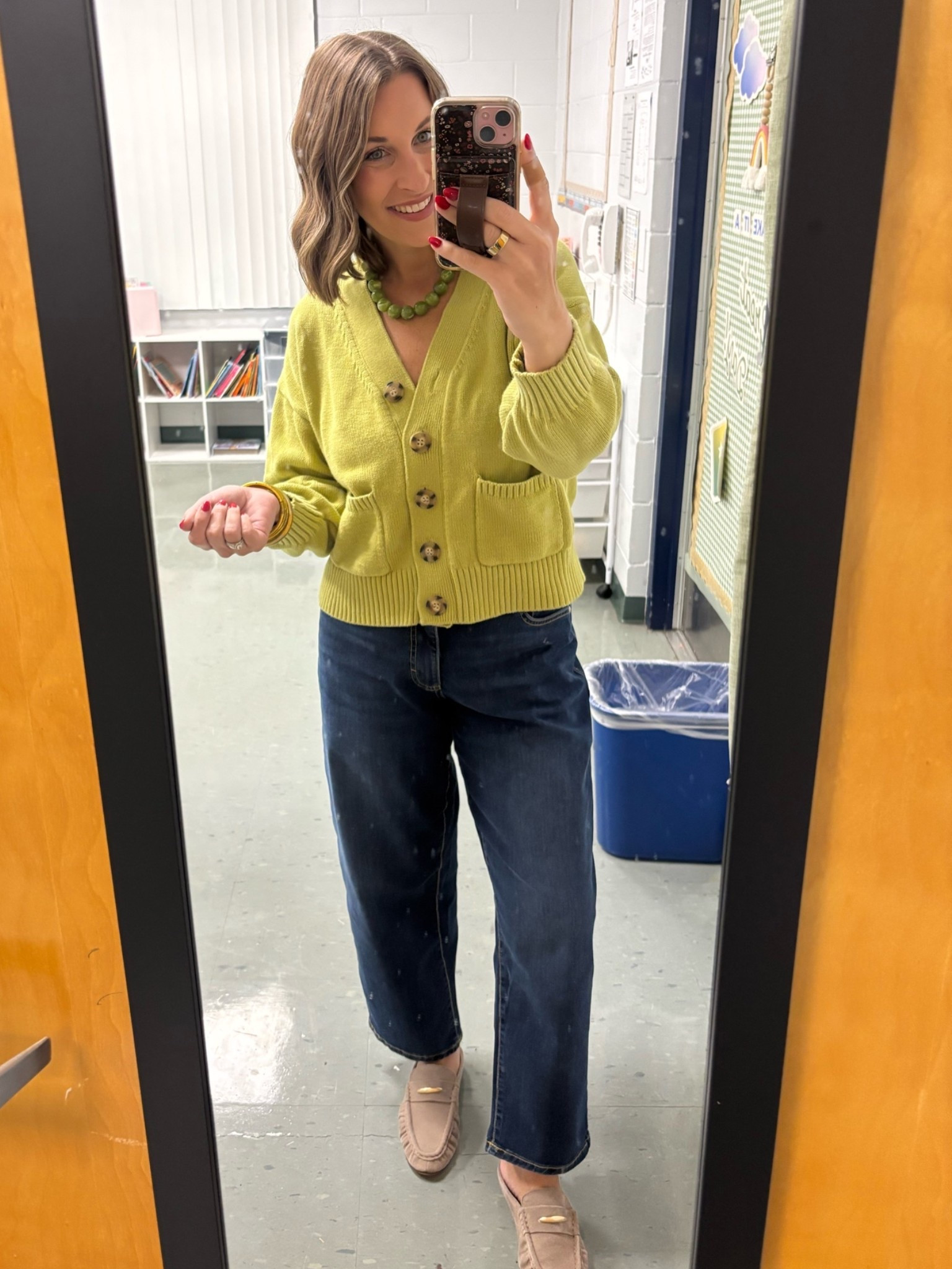 Loving chartreuse green for fall! Sweater hits perfectly st the waist & so cute! & best mules ever!!!!! 👏🏼

TTS