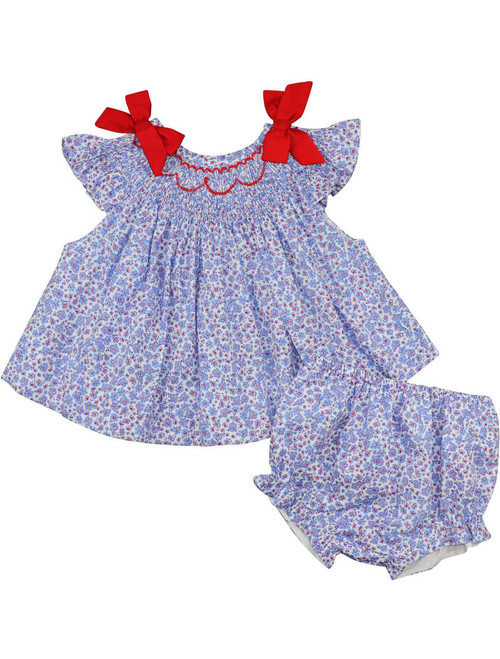 Blue And Red Liberty Smocked Bow Diaper Set | Cecil and Lou