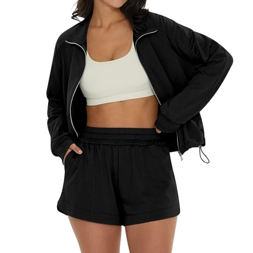 DEEP SELF Black Sweat Suits for Womens Fashion 2 Piece Shorts Sets Zipper Sweatsuits with High Waist Jogging Pants Set | Amazon (US)