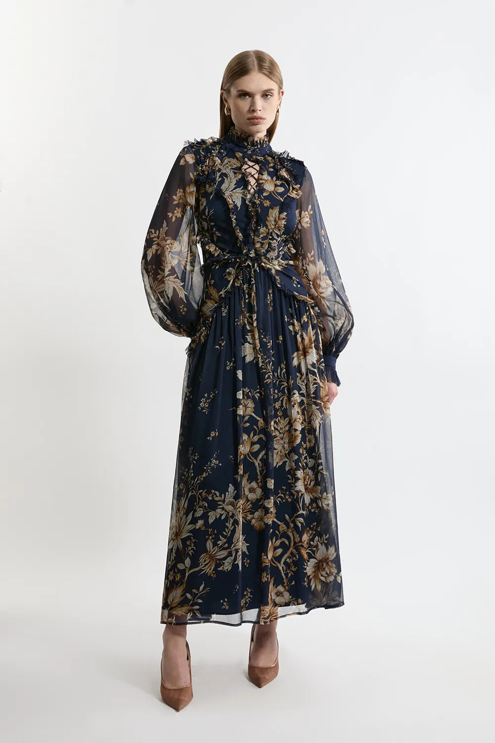 Dresses | Tall Floral Ruffle Chiffon Maxi Dress | KarenMillen | Karen Millen UK + IE + DE + NL