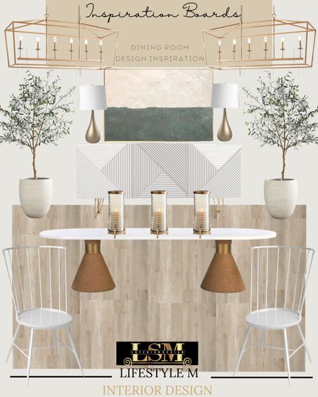 Fresh dining room look. Recreate this home design look at home. Wood dining table, white dining chair, candle holder, white tree planter, faux fake tree, white brass console buffet table, wall art, gold table lamp, brass lantern chandelier.

#LTKhome #LTKFind #LTKstyletip