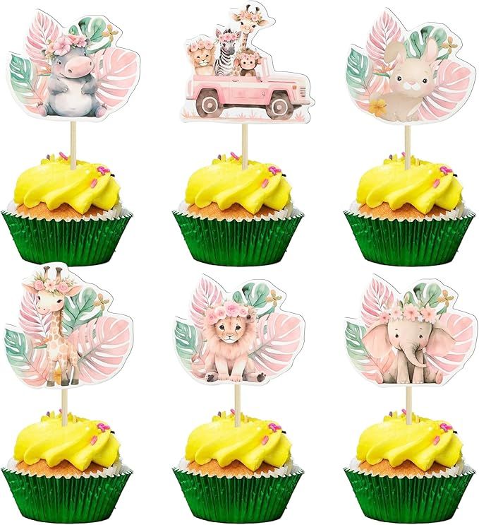 Gyufise 36Pcs Pink Safari Baby Shower Cupcake Topper Floral Jungle Animals Baby Cake Decorations ... | Amazon (US)