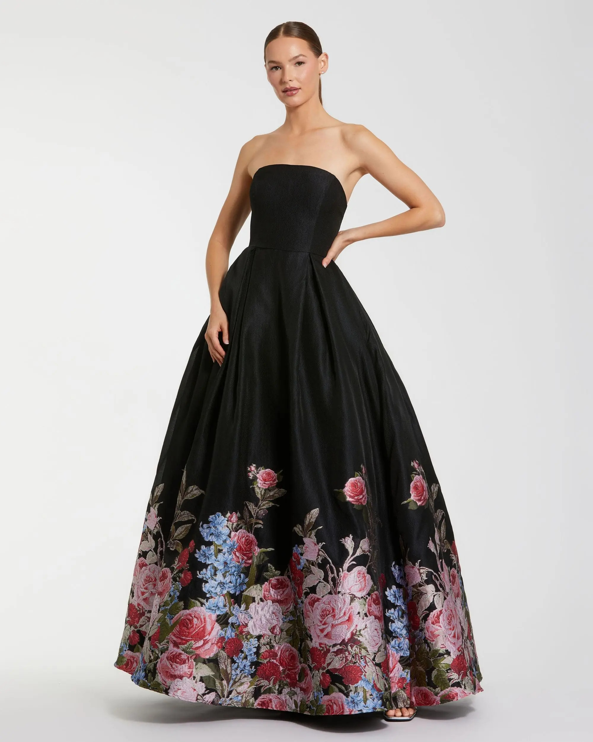 Black Strapless Floral Brocade Ballgown | Mac Duggal | Mac Duggal
