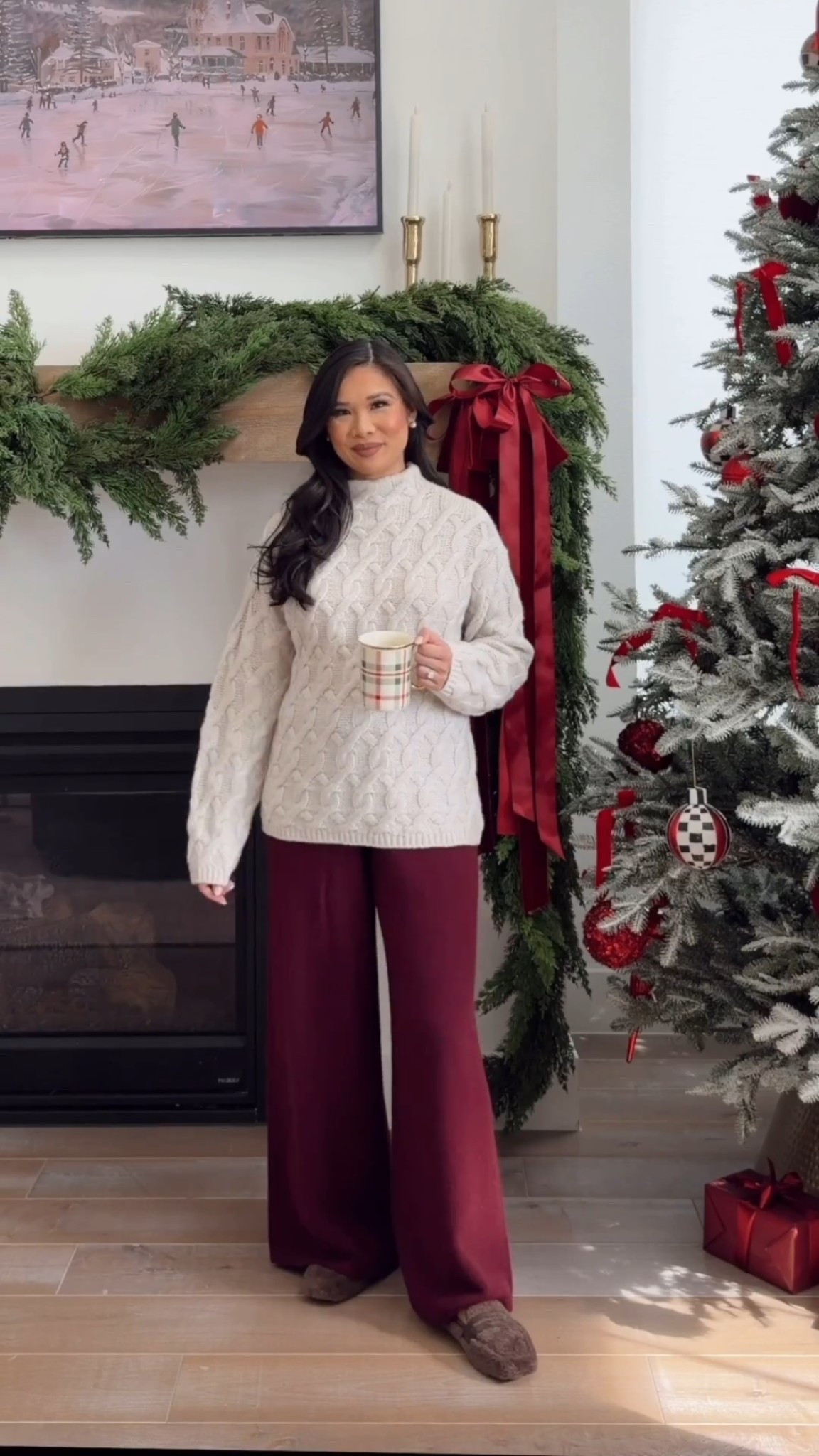 Cozy winter outfit with cashmere all over cable mockneck sweater styled with cashmere wide leg pants for a chic look. Love this for slower winter days! 

#LTKSeasonal #LTKootd #LTKHoliday