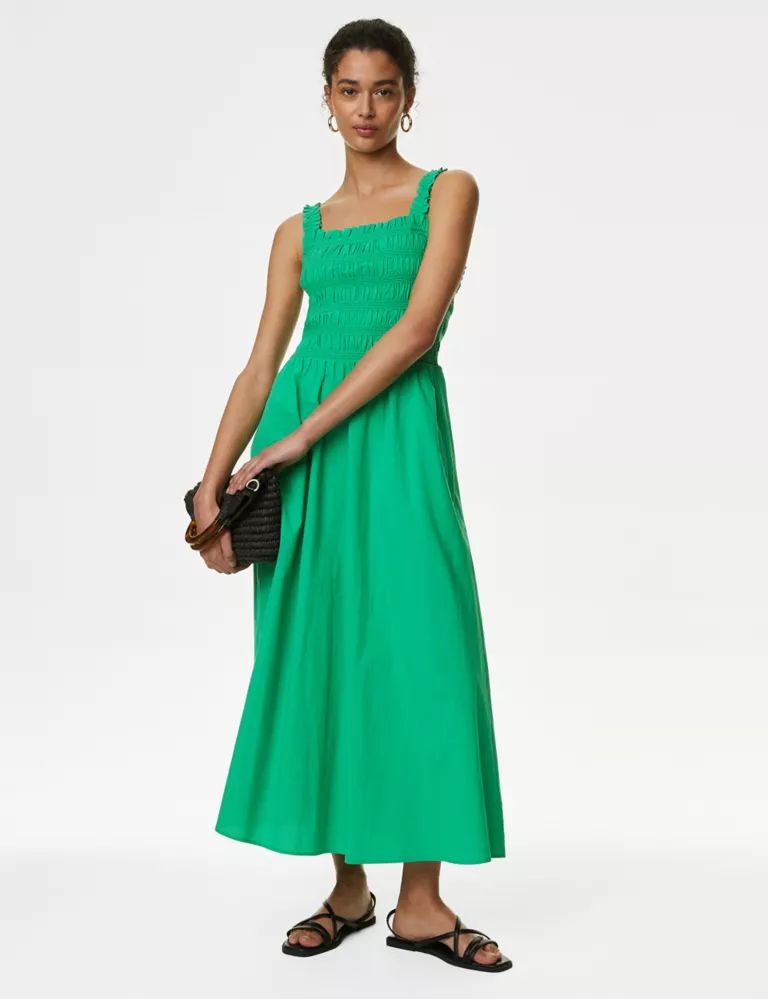 Pure Cotton Square Neck Midi Shirred Dress | Marks & Spencer (UK)