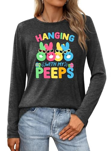 VVNTY Easter Shirts for Women: Hanging with My Peeps T Shirt Long Sleeve Bunny Graphic Tee Spring Casual Tops Grey | Amazon (US)