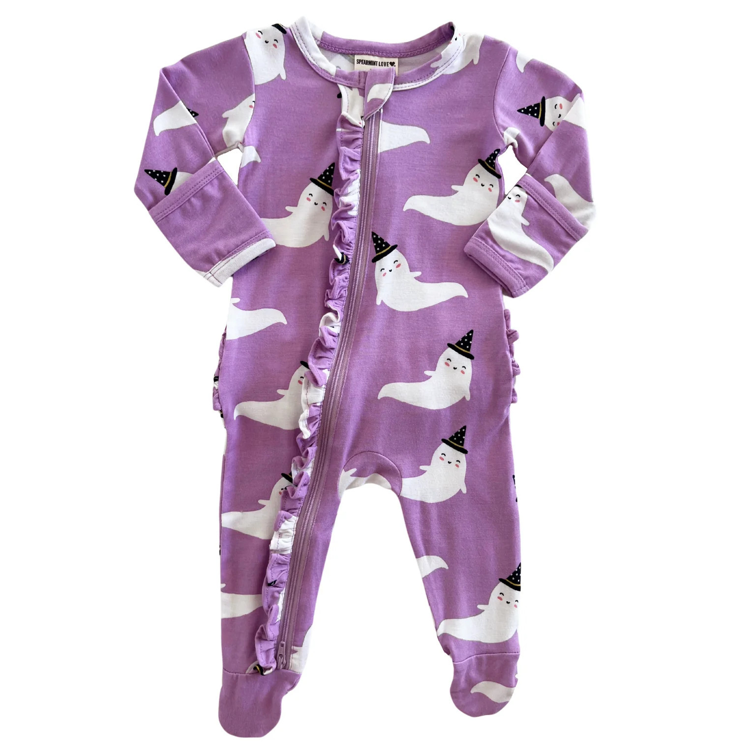 2-Way Ruffle Zip Footie, Purple Ghost | SpearmintLOVE