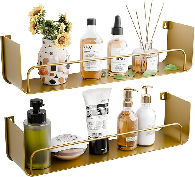 16 Inch Gold Floating Shelves Set of 2, Modern Iron Bathroom Shelves with Guardrail, U-Shaped Wal... | Amazon (US)