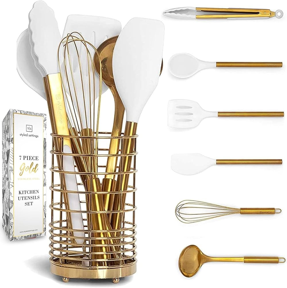 Gold Kitchen Utensils Set – 7-Piece White Silicone Cooking Tools with Gold Utensil Holder – L... | Amazon (US)