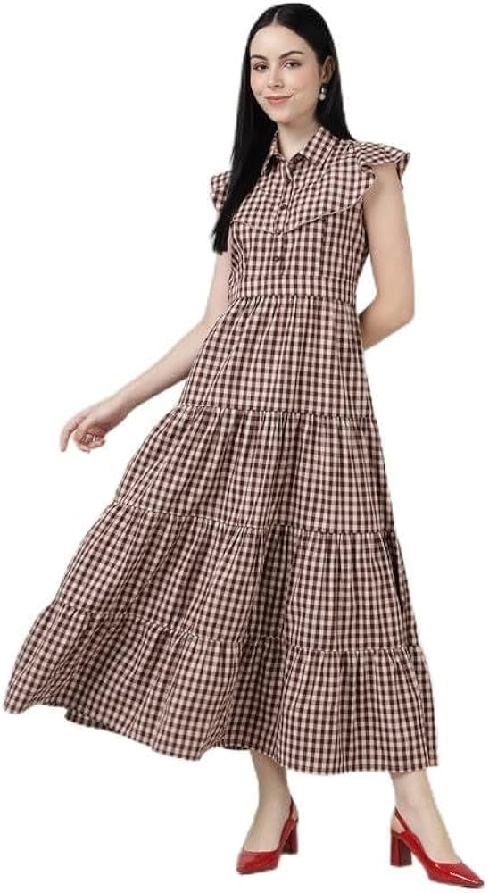 Women's Blue and White Gingham Check Long Tiered Dress - Pure Cotton, Relaxed Fit, Casual Country... | Amazon (US)