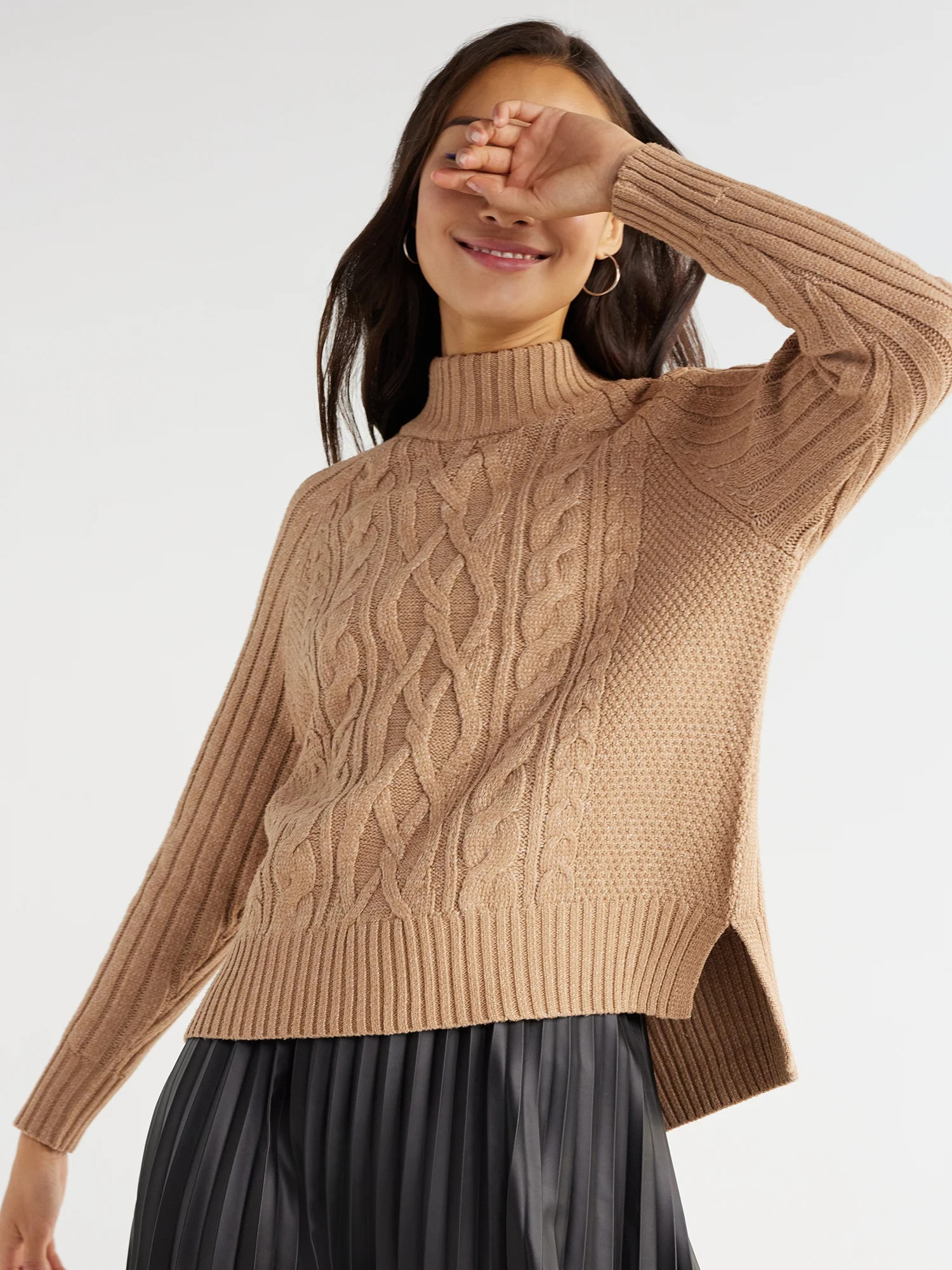 Time and Tru Women's Mock Neck Cable Pullover Sweater, Midweight, Sizes S-XXXL | Walmart (US)