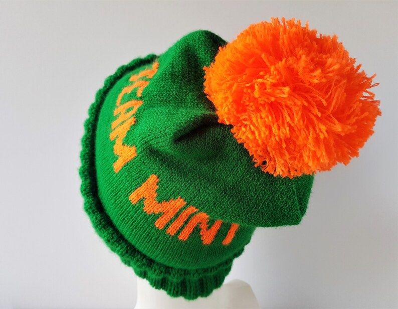 Vintage TEAM MINT Knit Green Beanie Toque Orange Neon Pom Winter Ski Hat Retro Spell Out Tuque St... | Etsy (US)