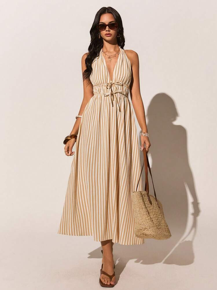 Poéselle Women's Striped Backless Halter Midi Dress,Boho Plunge V-Neck Tie-Waist Cream White Sun... | SHEIN