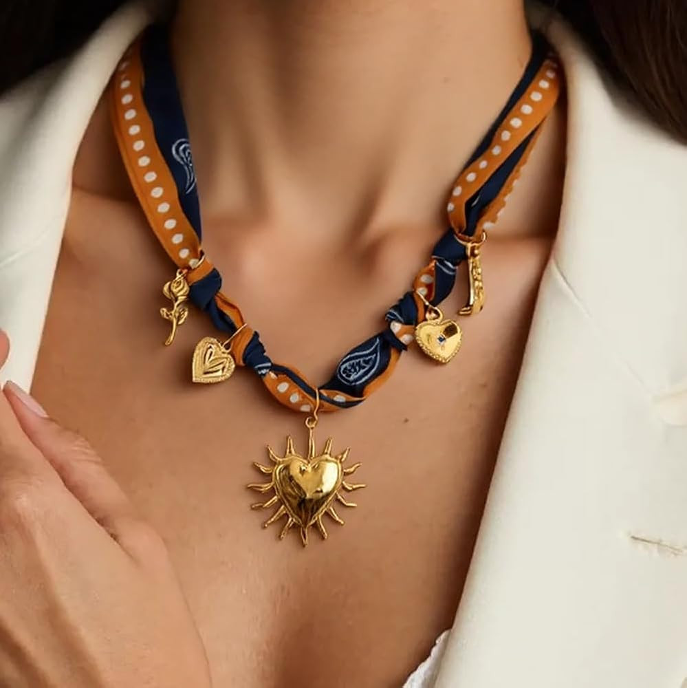 Scarf Necklace with Charm, Bandana Necklace with Gold Dainty Pendants - Chunky Cross, Heart, Flow... | Amazon (US)