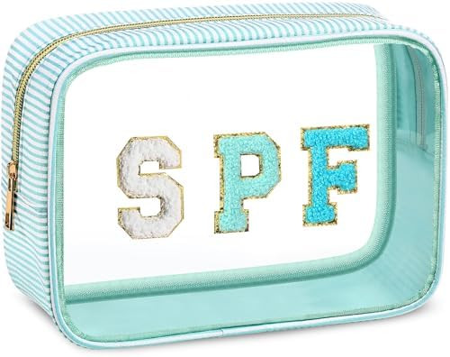 Seersucker SPF Bag Chenille Letter Clear Makeup Bag Preppy Travel Toiletry Pouch Large Striped St... | Amazon (US)