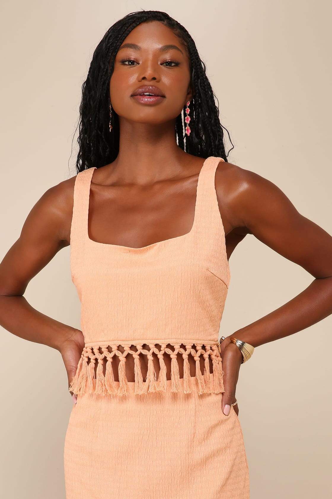 Fortunate Flirt Peach Crinkled Fringe Cropped Tank Top | Lulus