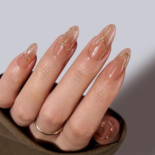 BTArtbox Press On Nails Almond - Press On nails with 3D Gold Lines Design, Medium Glue On Nails with Nail Glue, Gold Swirl Stick On Nails in 15 Sizes, Radiant Ribbons | Amazon (US)
