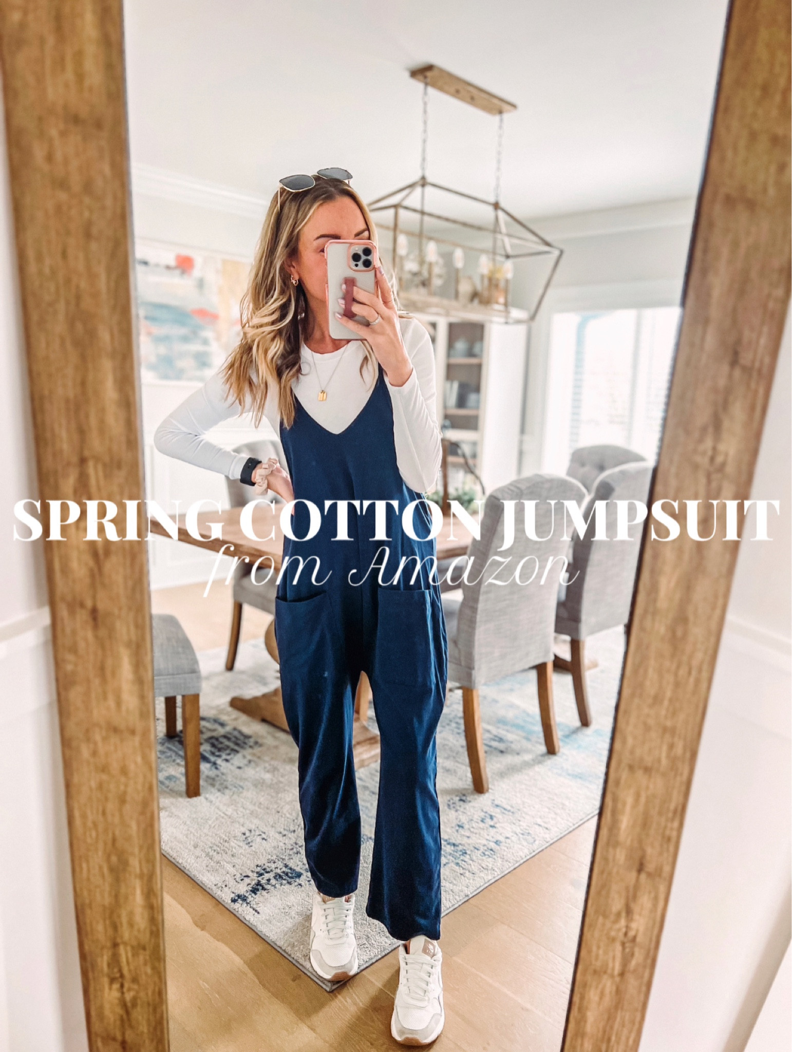 Amazon spring jumpsuit - wearing the navy. My favorite sunglasses from Amazon too!  Wearing size S. Feels like pajamas and super lightweight  