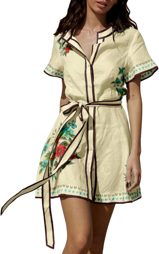 CHARTOU Women's Floral Linen Button Down Wrap Tie Knot Boho Beach Shirt Dress with Belt | Amazon (US)